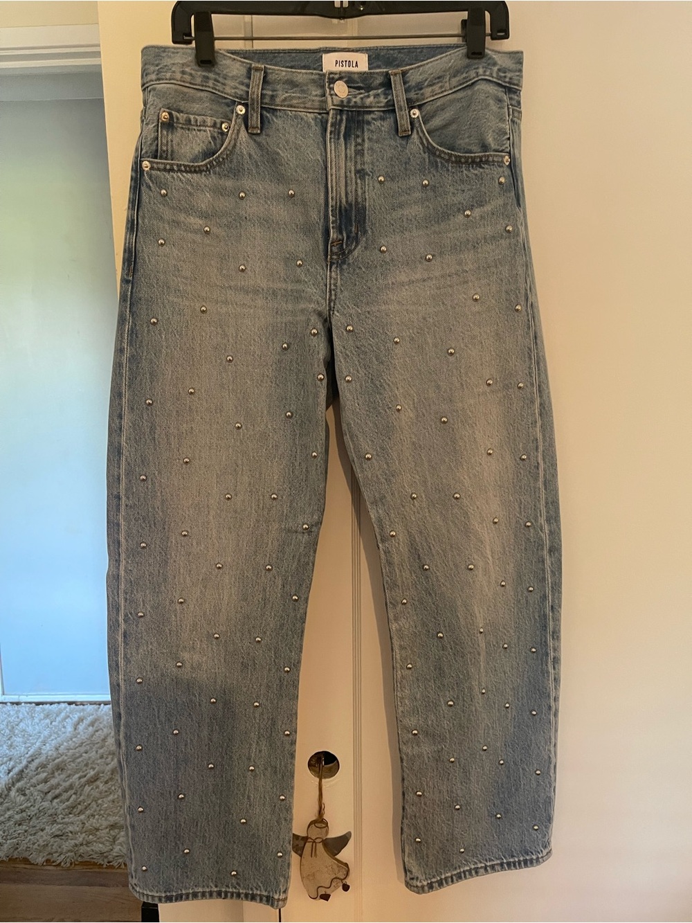 pistola Light Wash Straight Leg Jeans with Silver Studs